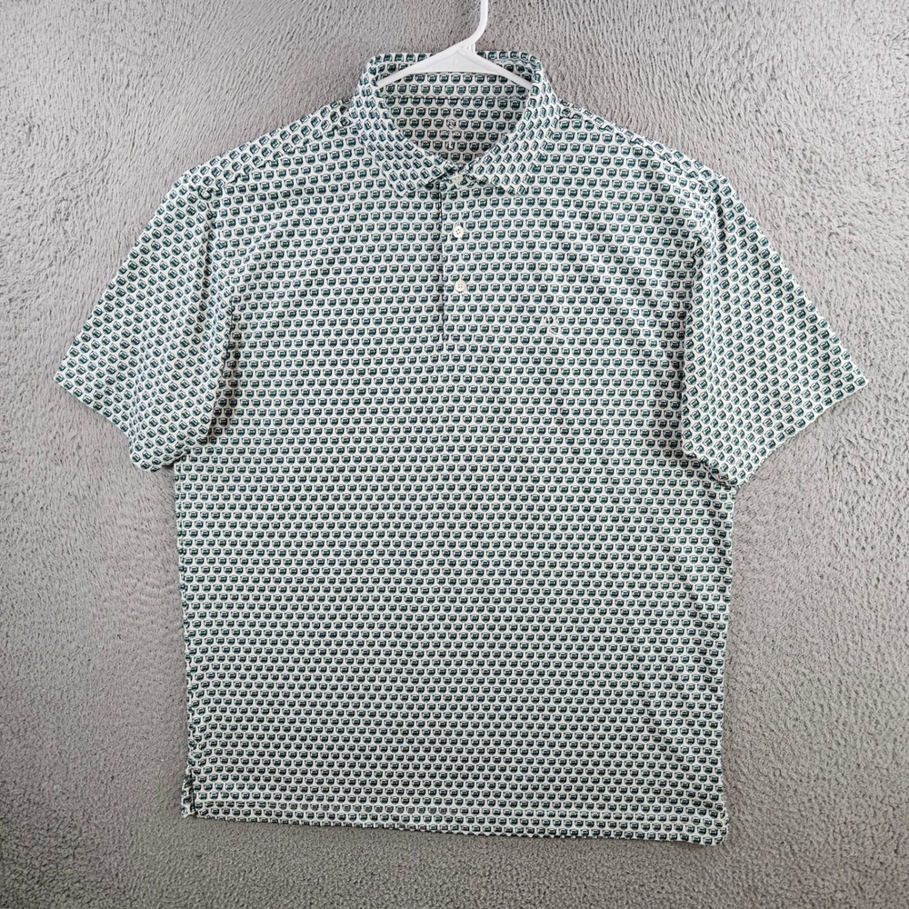 Rhoback Mens Large Performance Polo Shirt Green White Grizzly Bear Print Golf